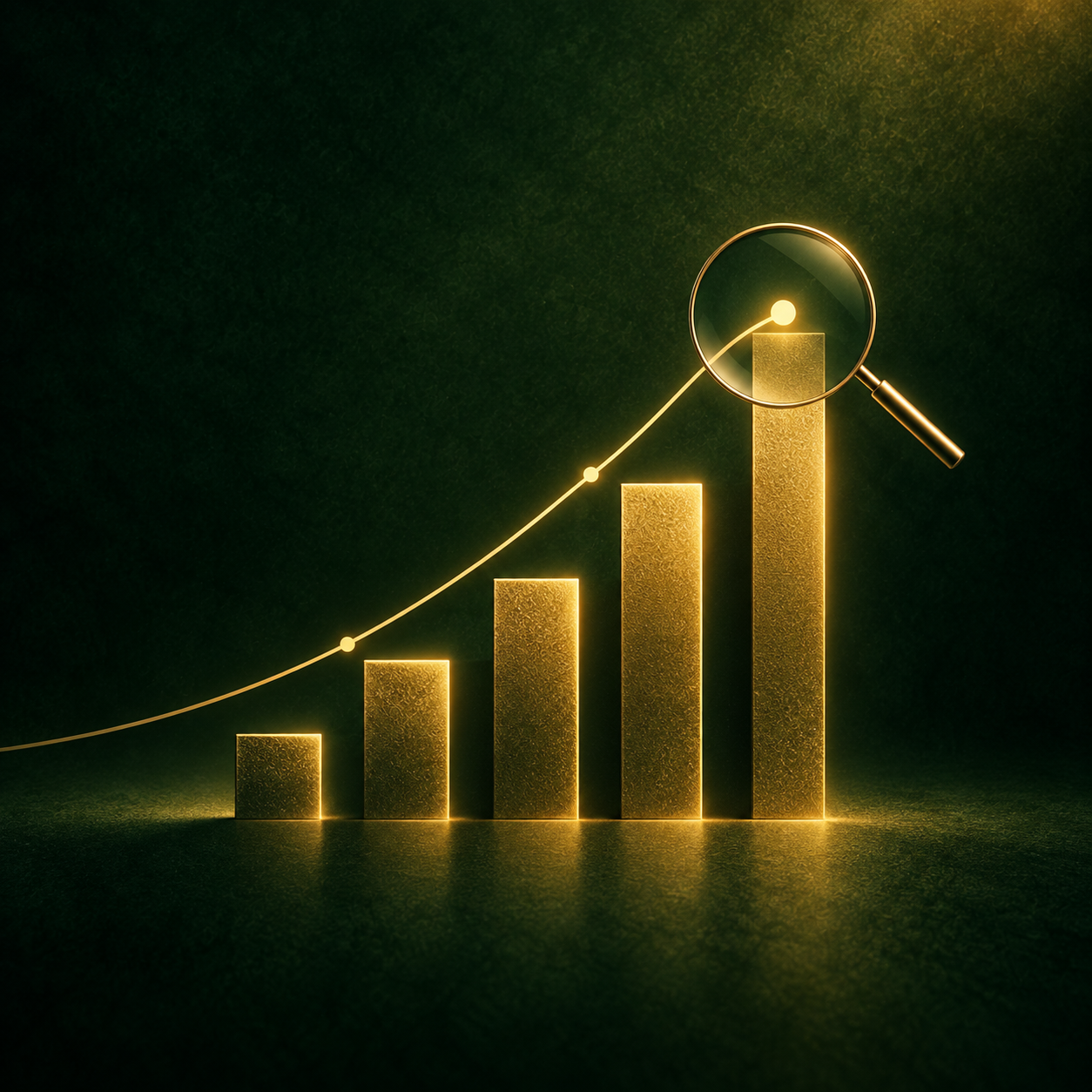 Gráfico dourado em crescimento com lupa